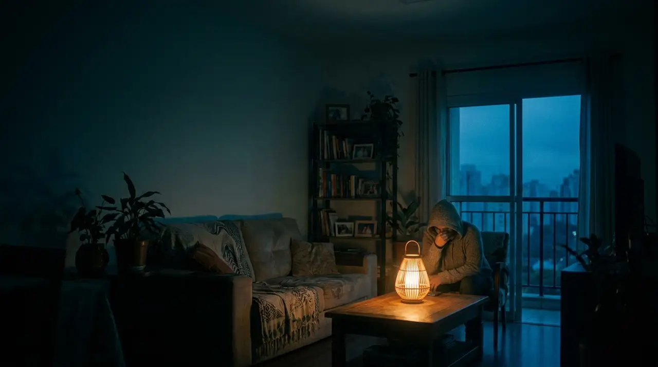 Pessoa sozinha em casa durante um apagão, iluminada apenas por uma luminária portátil sobre a mesa